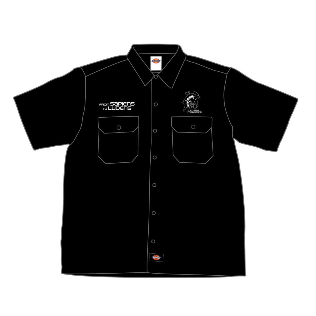 Dickies_workshrit_01 | The Outerhaven Black short-sleeve button-up shirt with two chest pockets, white stitching, and logos: left reads 'FROM SAPIENS TO LU.DENS' with white text; right chest features a Spartan helmet logo; small Dickies tag at bottom hem.