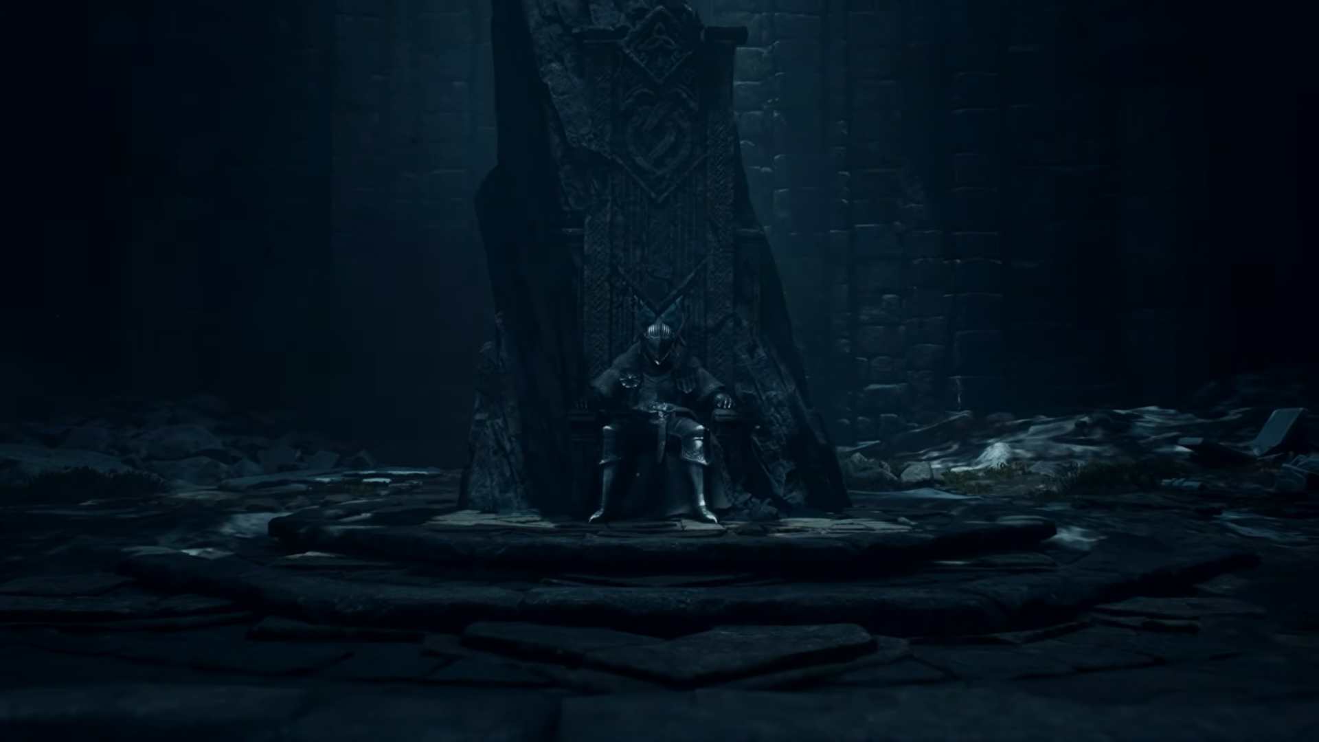 Armored knight seated on a carved stone throne in a dark, ruined hall.
