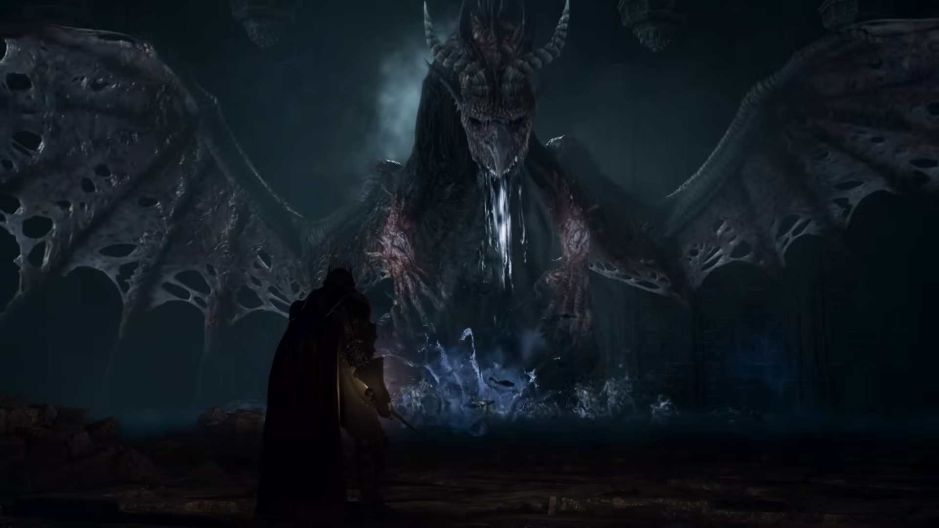 A hooded figure stands before a colossal dragon with spread wings in a dark cavern.