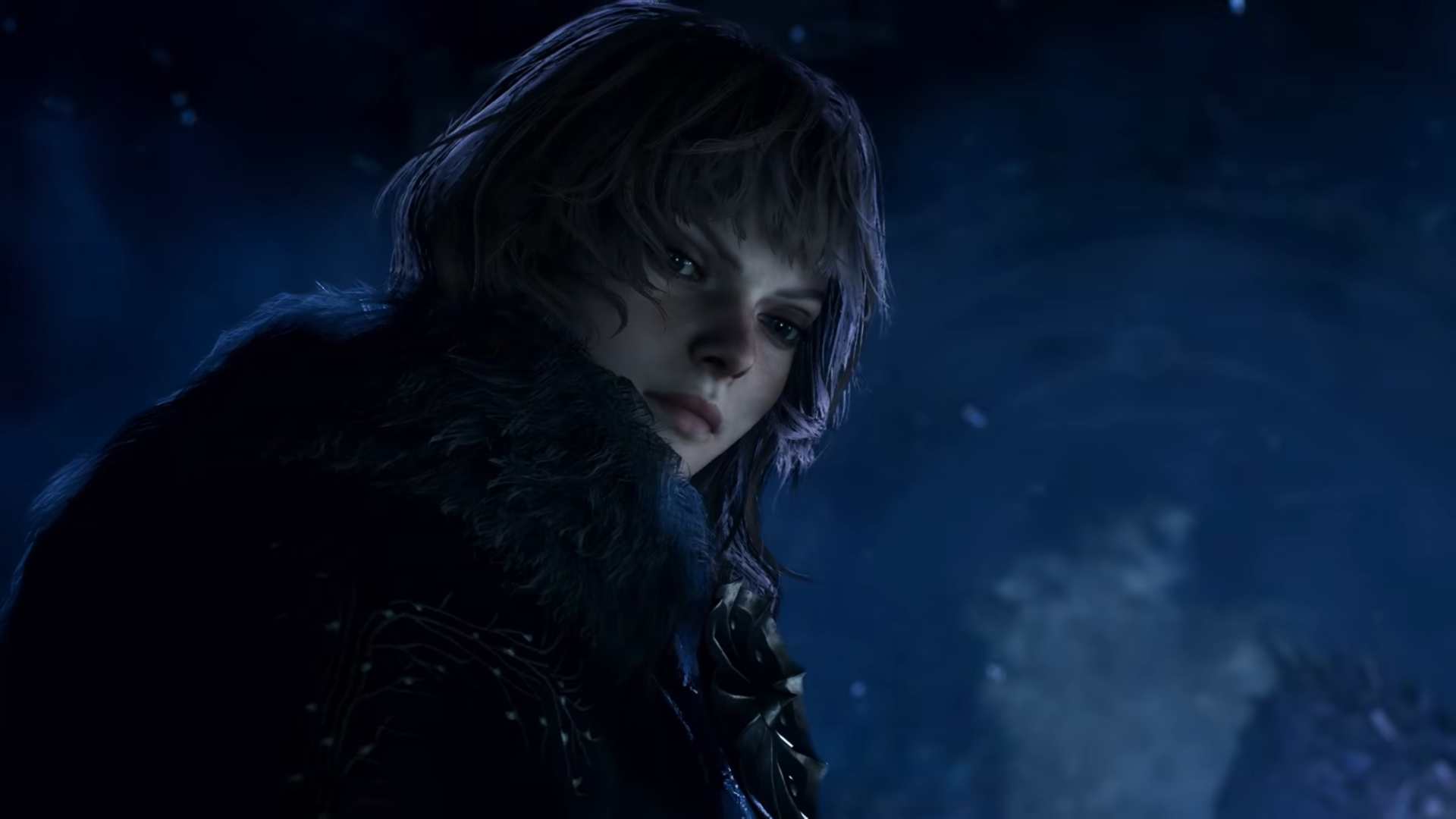 Person with shaggy hair in a dark fur-lined cloak, looking over their shoulder against a blue night sky.