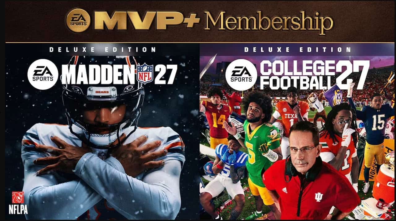 EASAFMVP | The Outerhaven Promo image showing two game covers: Madden NFL 27 Deluxe Edition on left and College Football 27 Deluxe Edition on right under a 'MVP+ Membership' banner.