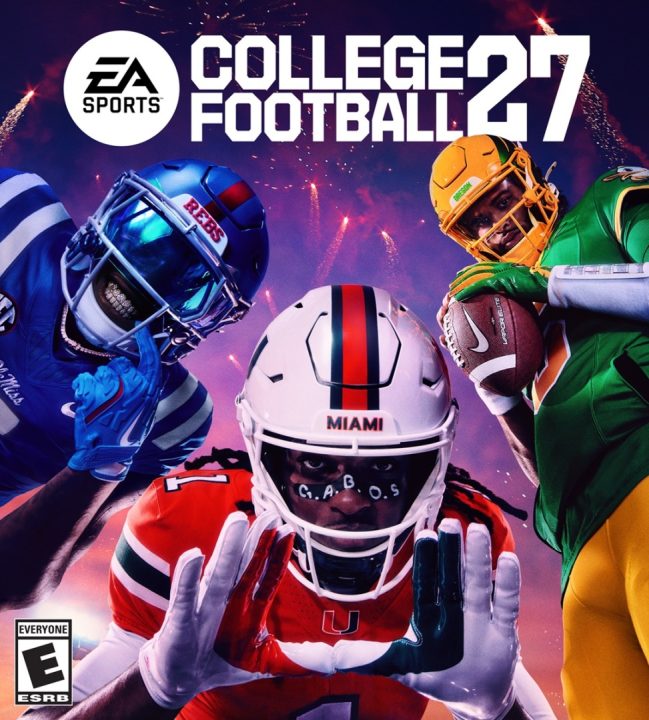 EA College 27 Standered | The Outerhaven EA Sports College Football 27 cover with three players in blue, white, and green uniforms and a white Miami helmet at center against a purple background.