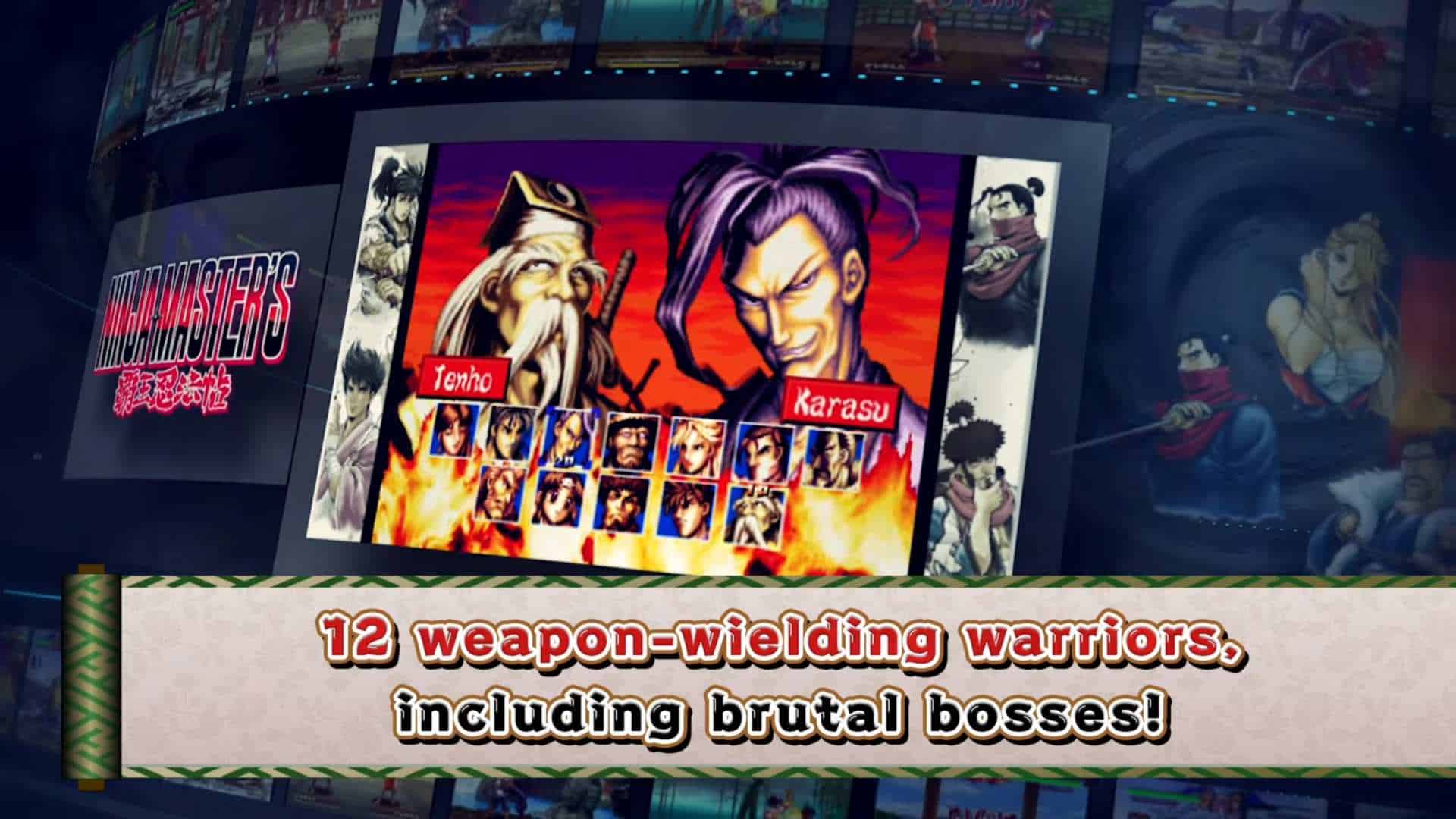 Curved wall display showing a fighting game poster with colorful character artwork and a row of smaller character portraits, plus a bold caption about 12 weapon-wielding warriors.
