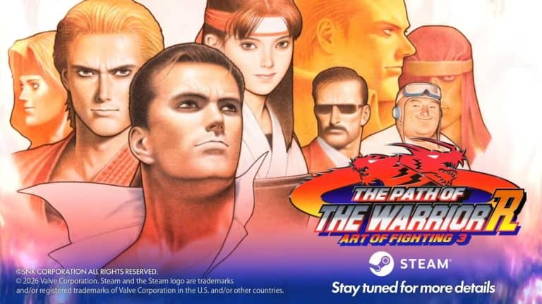 Illustrated collage of martial-arts characters in bold colors, with the title 'The Path of the Warrior: Art of Fighting 3' and a Steam logo nearby