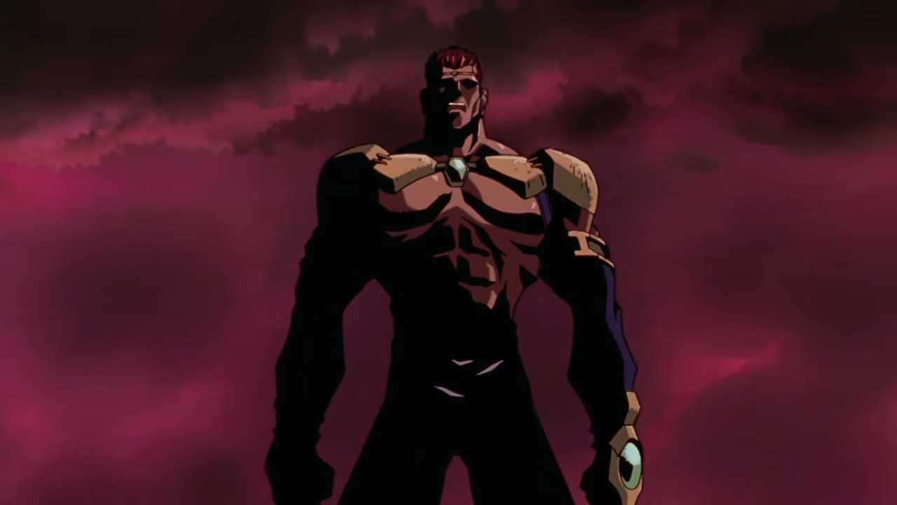 Fatal Fury_ The Motion Picture 1994 Original Trailer FHD 0-56 screenshot | The Outerhaven A tall, muscular armored figure stands upright against a dark red, stormy sky, looking imposing.