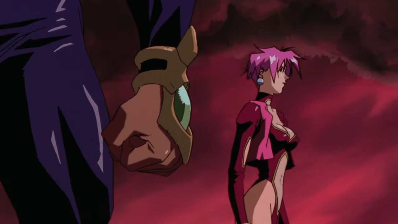 Fatal Fury_ The Motion Picture 1994 Original Trailer FHD 0-58 screenshot | The Outerhaven Two stylized characters stand against a red, smoky sky: a tall figure with a clenched fist and a pink-haired woman in a cutout red outfit, tension in the scene.