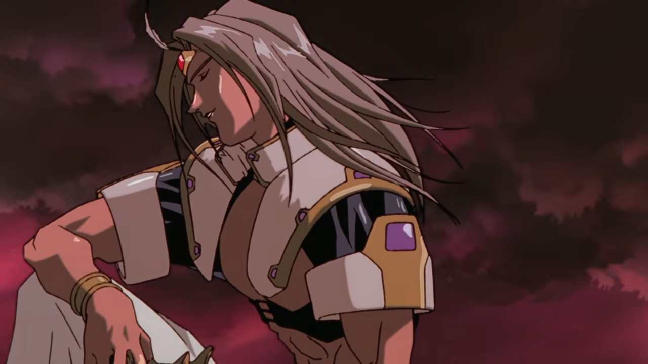 Fatal Fury_ The Motion Picture 1994 Original Trailer FHD 0-59 screenshot | The Outerhaven Anime-style warrior with long silver hair and tan armor, gazing downward against a dark pink sky.
