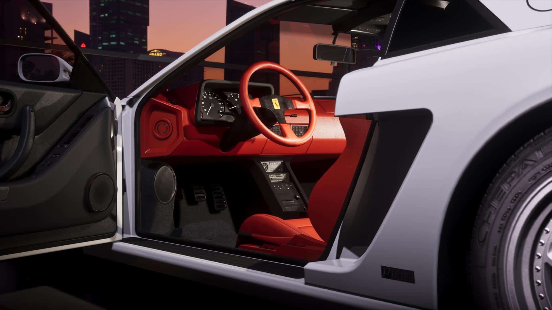 Grand-Theft-Auto-VI-Ulimate Edition-images 1 | The Outerhaven Open driver's door reveals the red cockpit of a white luxury sports car, with red steering wheel, dashboard, and pedals visible