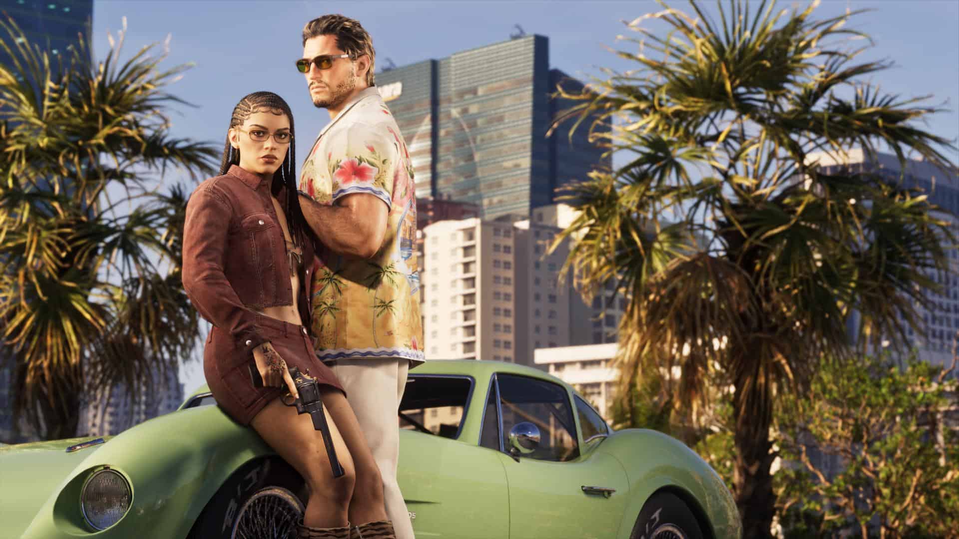 Grand-Theft-Auto-VI-Ulimate Edition-images 3 | The Outerhaven Two stylish adults leaning on a lime-green vintage car, with palm trees and a city skyline in the background.