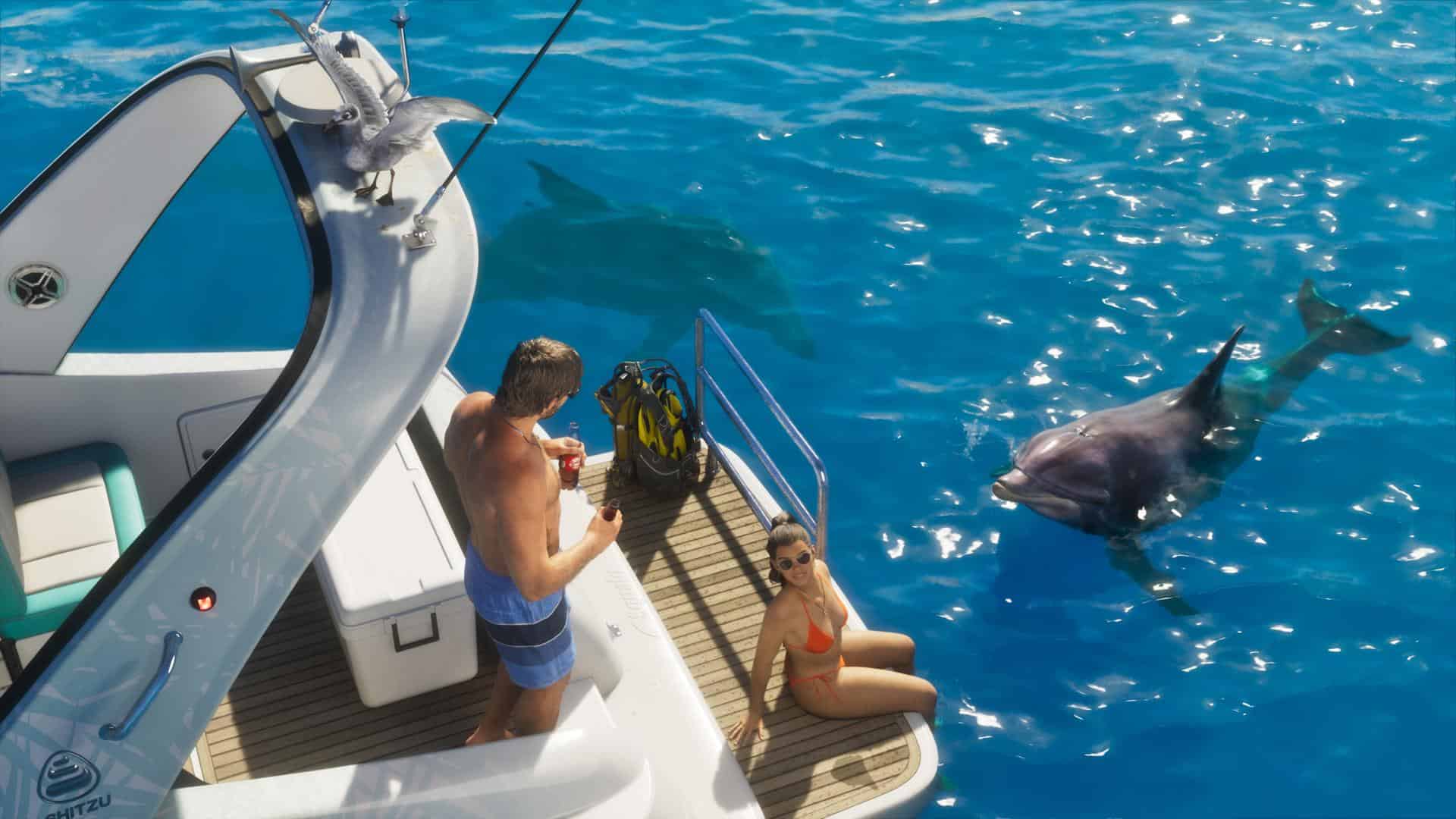 Grand-Theft-Auto-VI-Ulimate Edition-images 5 | The Outerhaven People on a boat dock watching and feeding a dolphin alongside a clear blue sea. Two women in bikinis sit on the stern while a man stands nearby with drinks.