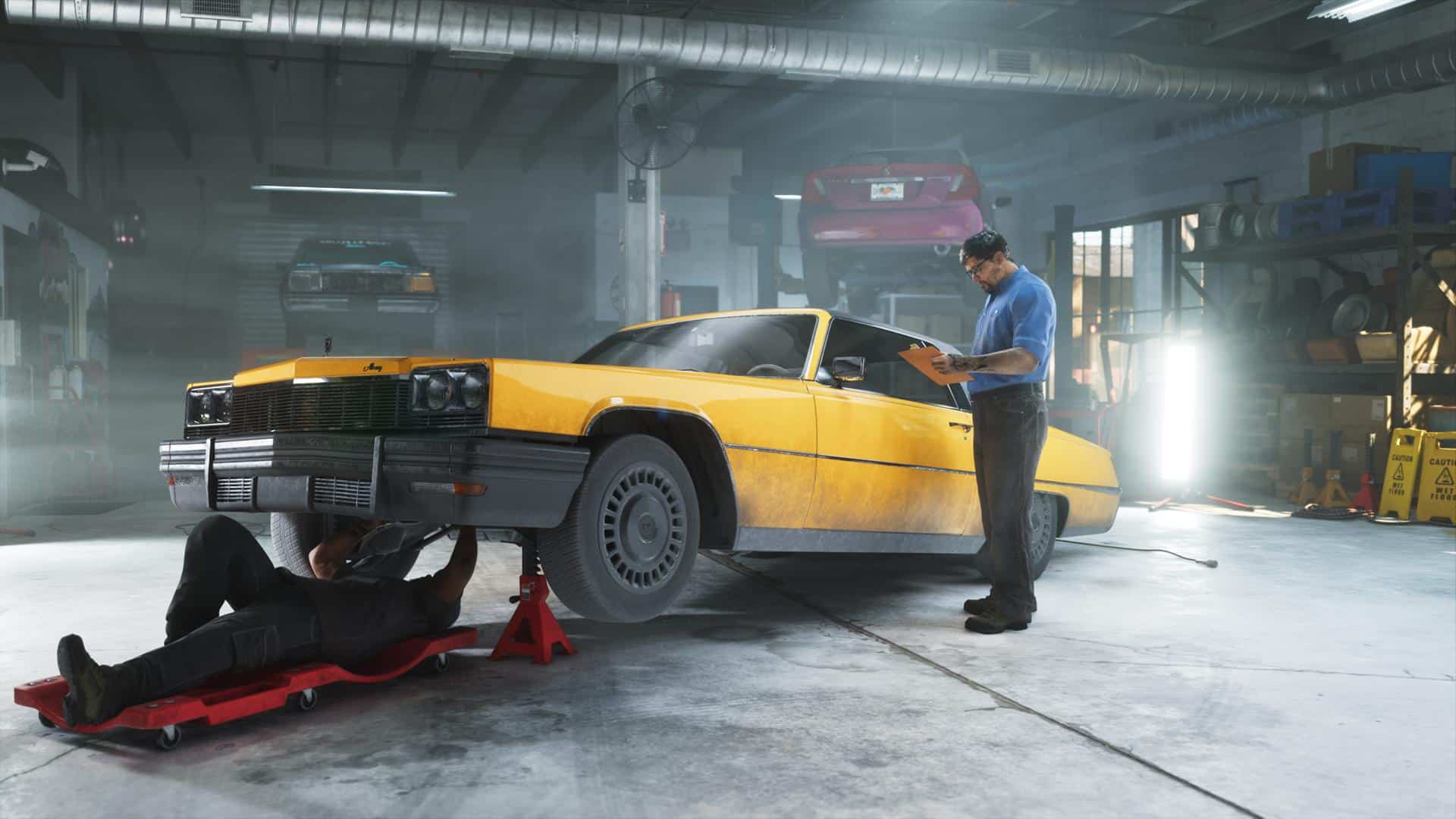 Grand-Theft-Auto-VI-Ulimate Edition-images 7 | The Outerhaven Mechanic with clipboard inspecting a yellow car raised on jack stands in a dim automotive shop with another technician beneath the front of the car.