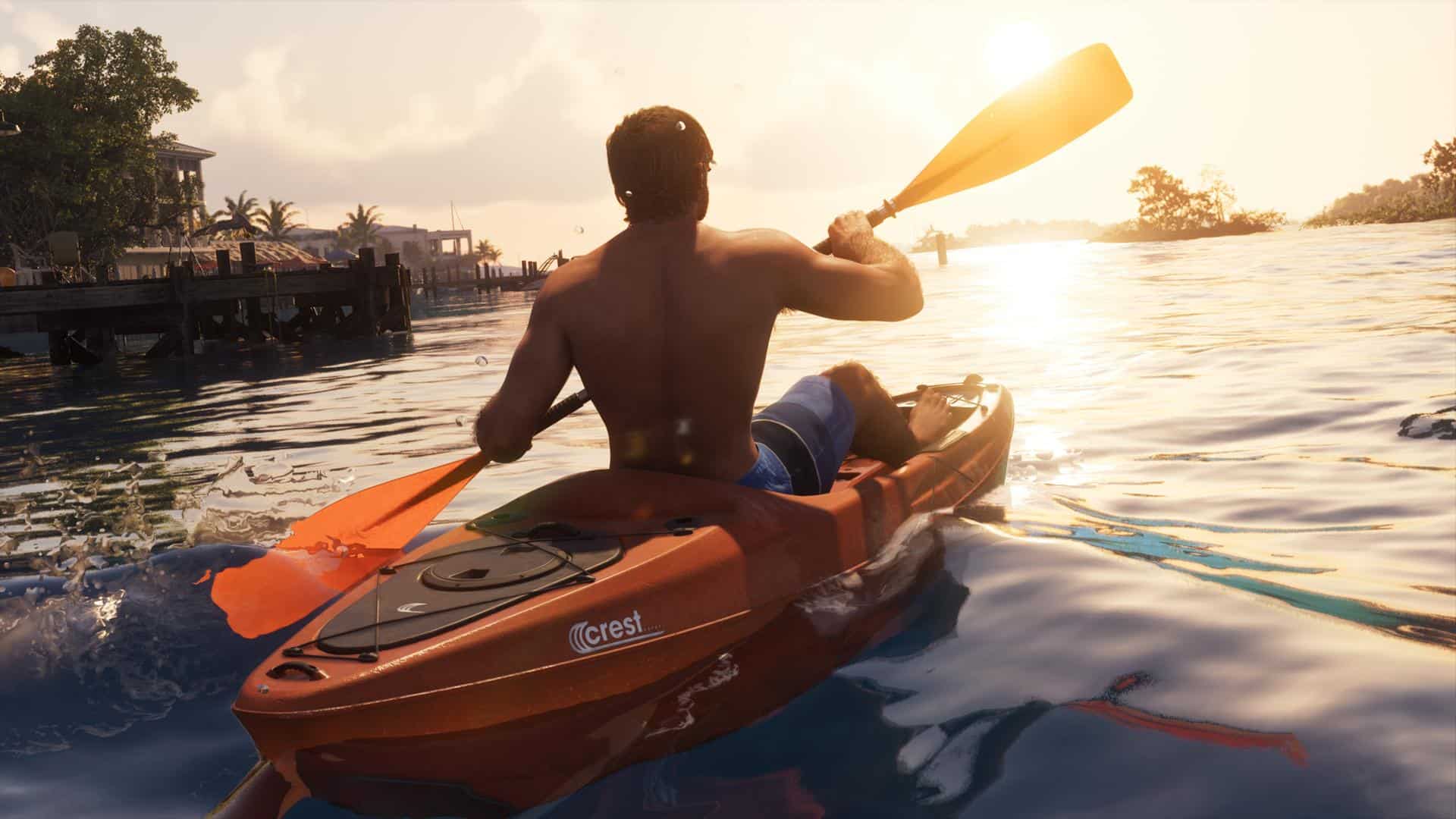 Grand-Theft-Auto-VI-Ulimate Edition-images 8 | The Outerhaven Back view of a shirtless man paddling an orange kayak on calm water at sunset, with docks in the background.