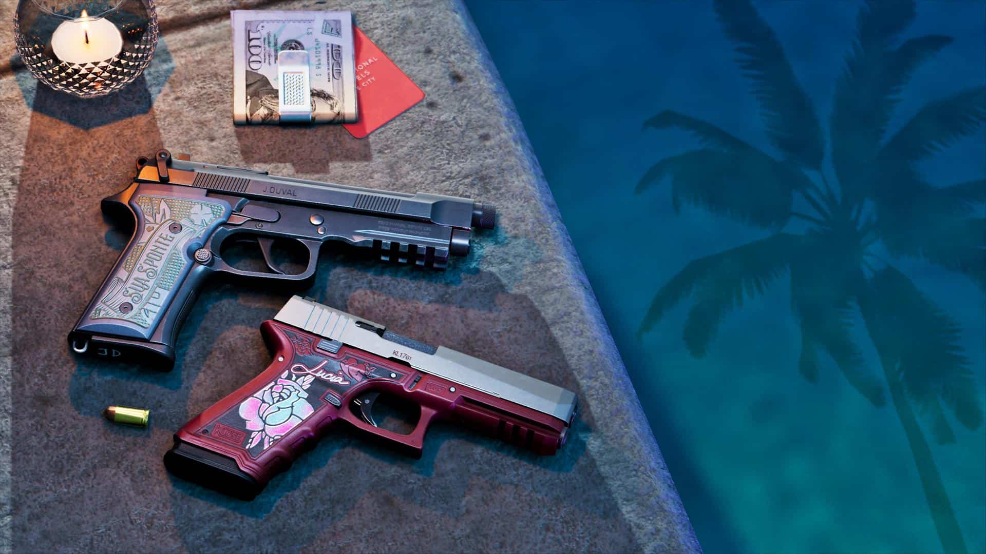Grand-Theft-Auto-VI-Ulimate Edition-images 9 | The Outerhaven Two semi-automatic pistols with ornate grips rest on a stone ledge beside a pool, with cash, a red card, and a single bullet nearby.