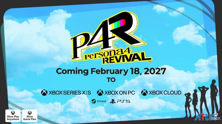 HKOii7YWEAAyvun | The Outerhaven Promotional poster for P4R: Persona 4 Revival announcing Coming February 18, 2027 with Xbox and PC platforms displayed against a blue sky background.