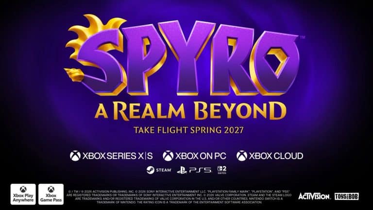 HKOrz0yasAA01hd | The Outerhaven Promotional poster for Spyro: A Realm Beyond with purple and gold 3D logo and 'Take Flight Spring 2027' release info.