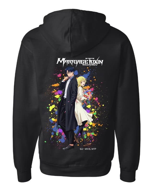 Hoodie - Back | The Outerhaven Black hoodie with a back graphic of two anime characters standing back-to-back amid multicolored paint splashes and the title text above them.