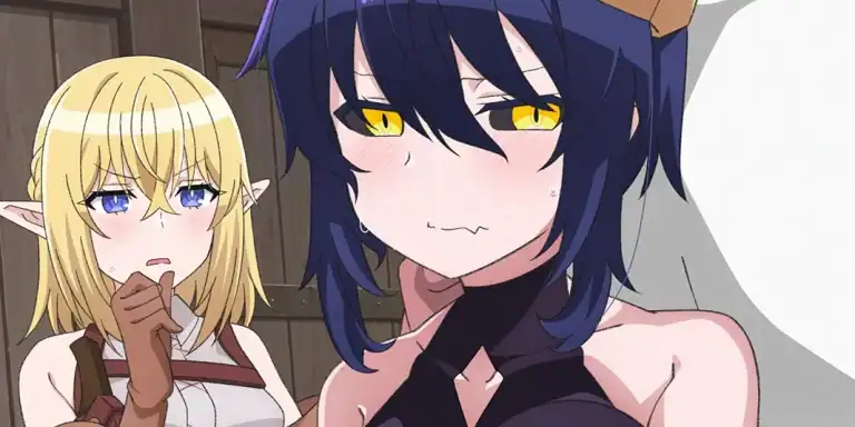 Im-Dating-a-Dark-Summoner | The Outerhaven Blushing dark-haired anime girl with yellow eyes in the foreground, and a blonde elf girl behind her.
