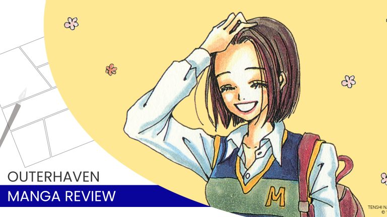 Im No Angel | The Outerhaven Illustrated smiling girl with a backpack on a pale yellow background, manga style cover art for Outerhaven Manga Review
