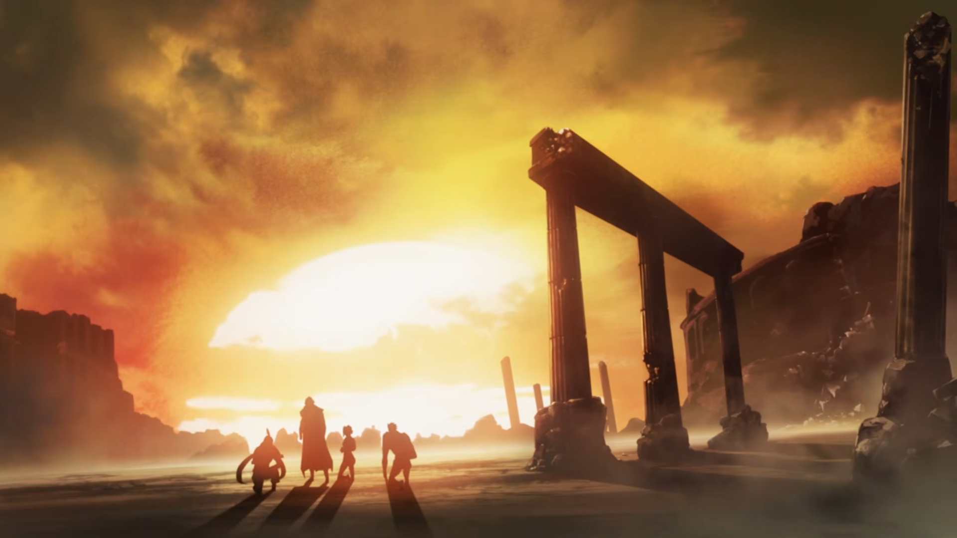 Is half-power too much power__半分の力でも強すぎるというのか 0-3 screenshot | The Outerhaven Silhouetted group of survivors walks through a ruined city at sunset, with towering crumbled arches and a fiery sky behind them.