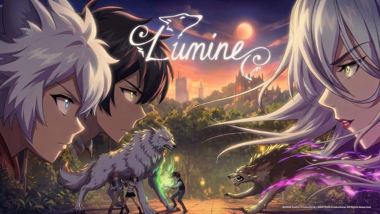 Lumine | The Outerhaven Anime scene: three young fighters confront glowing, elemental wolves in a park at sunset with a distant city skyline behind them.