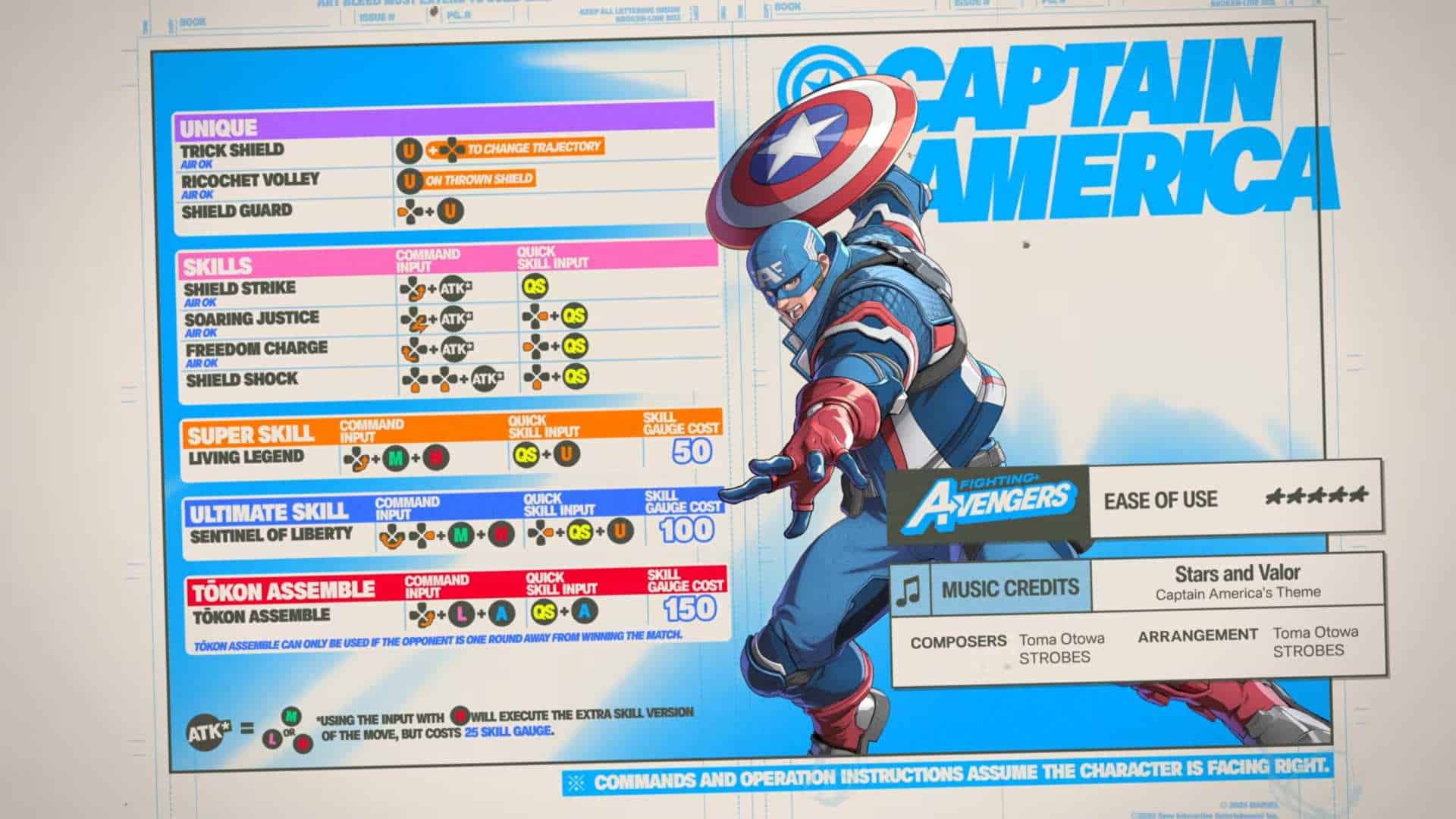 MARVEL Tōkon_ Fighting Souls - Captain America Character Guide _ PS5 PC Games 0-16 screenshot | The Outerhaven Captain America image beside a colorful chart of abilities and skills from a Marvel game poster.