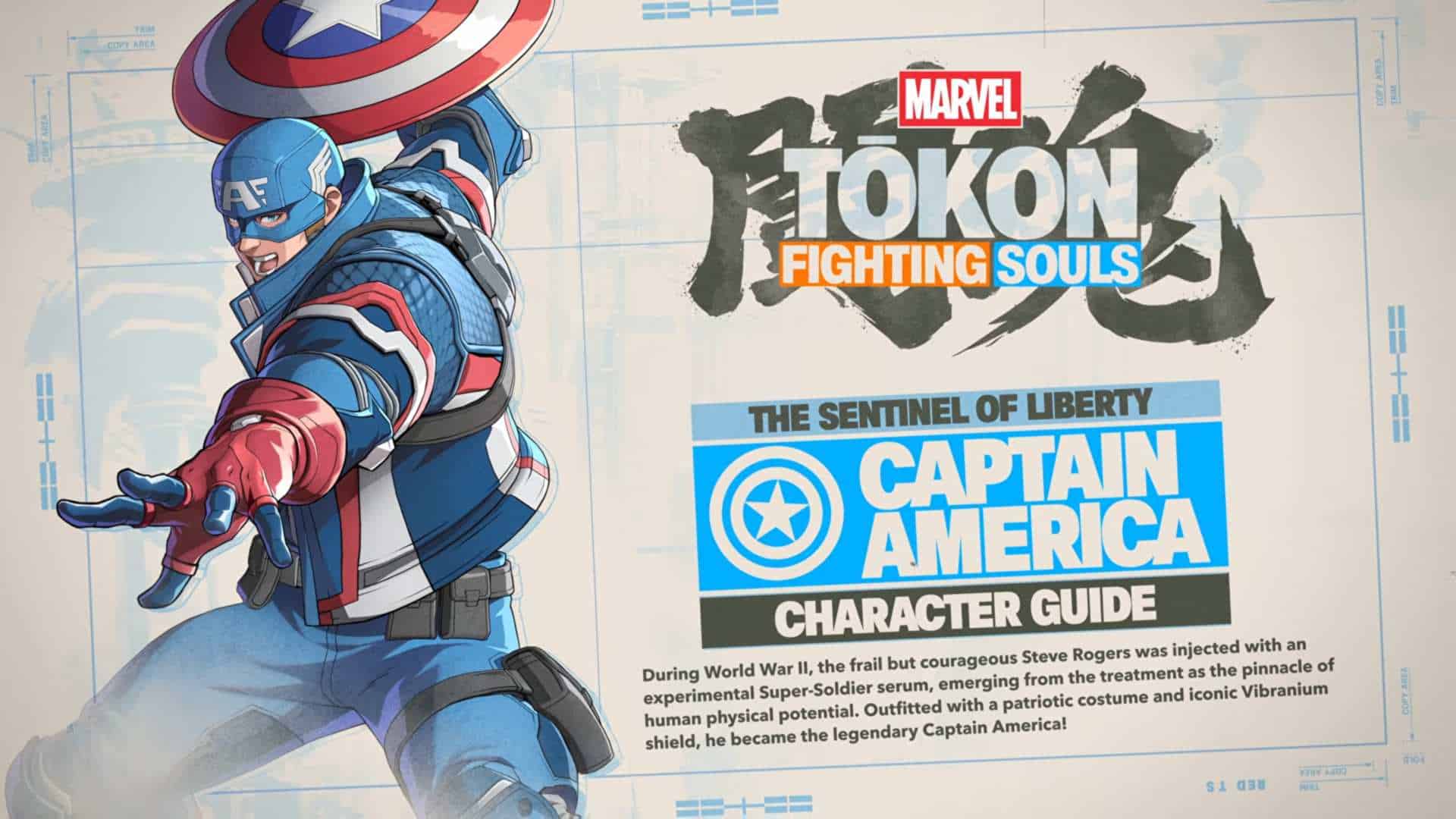 MARVEL Tōkon_ Fighting Souls - Captain America Character Guide _ PS5 PC Games 0-6 screenshot | The Outerhaven Captain America in a dynamic action pose beside a poster that says MARVEL TOKON FIGHTING SOULS and CAPTAIN AMERICA: CHARACTER GUIDE text.