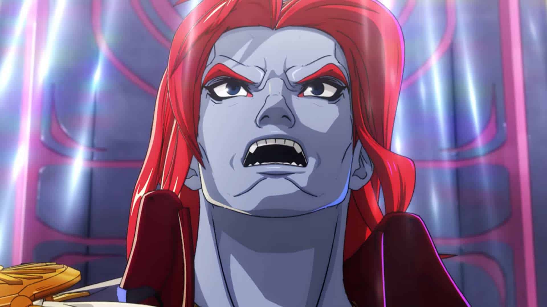 MARVEL Tōkon_ Fighting Souls _ Knights of Doom Trailer 0-25 screenshot | The Outerhaven Close-up of a blue-skinned female with red hair shouting angrily in a neon sci-fi setting.