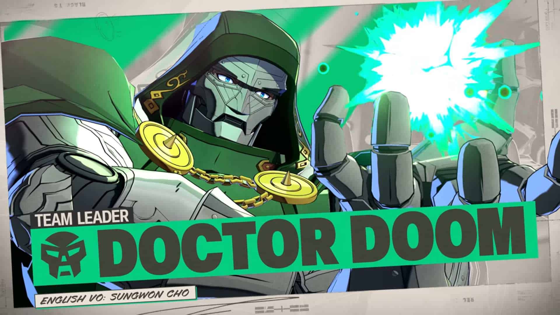 Comic book cover featuring Doctor Doom in green armor with a glowing green blast; caption reads 'Team Leader Doctor Doom'