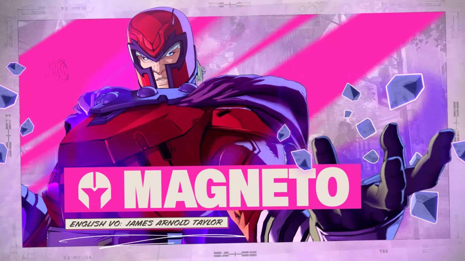 Magneto in a dynamic pose with a red and purple suit against a bright pink backdrop and floating crystal fragments.