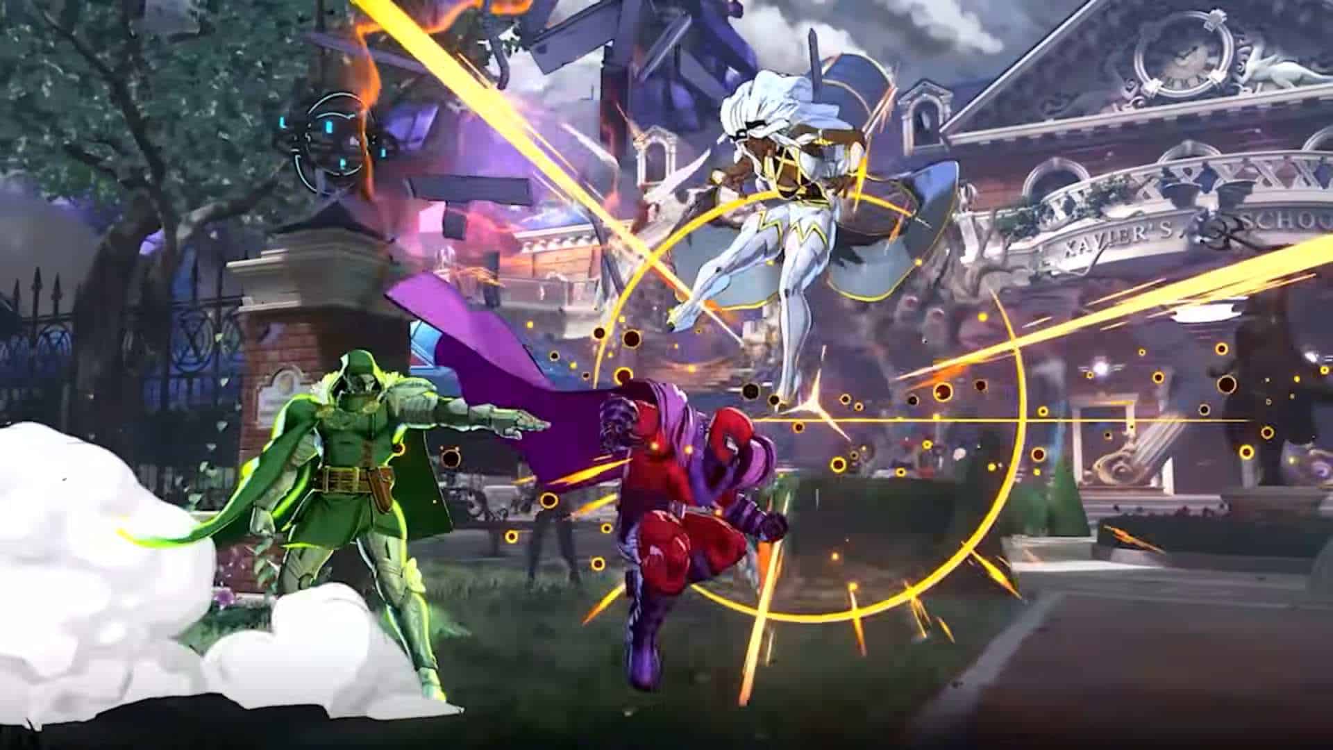 Group of costumed heroes battle a white-armored opponent in a city plaza, with bright yellow energy rings arcing around them.