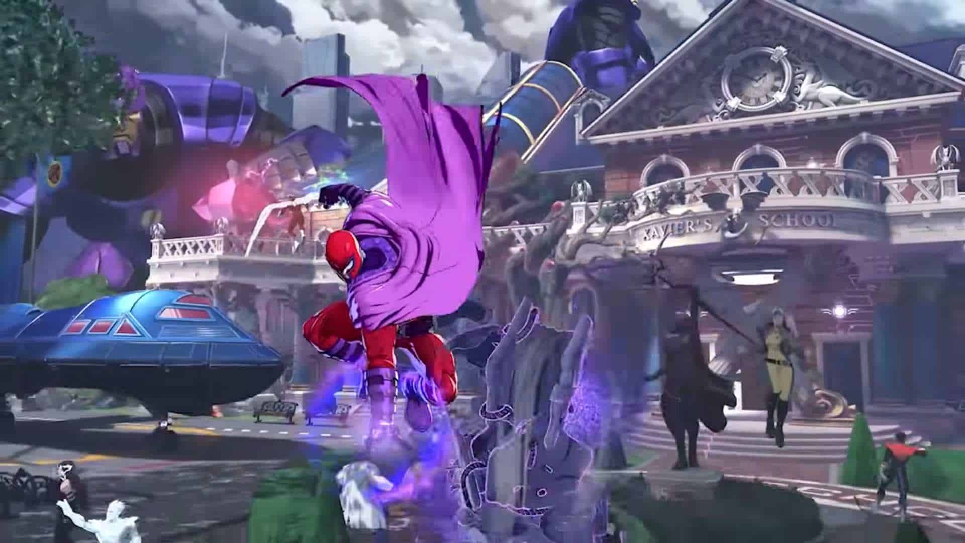 Red-clad superhero with a long purple cape leaps toward foes in front of a grand building labeled 'Xavier's School'.
