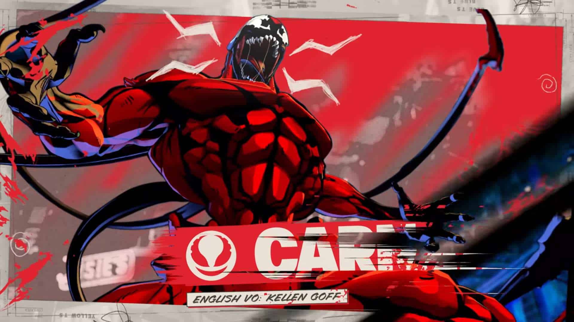 MARVEL Tōkon_ Fighting Souls _ Knights of Doom Trailer 1-26 screenshot | The Outerhaven Comic book poster of Carnage, a red-suited symbiote villain, charging forward with tendrils against a bold red backdrop.