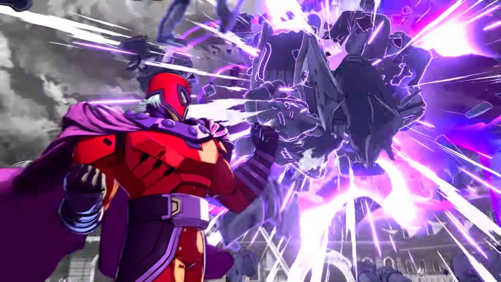 Red-armored hero with a purple cape punches a towering gray robot, surrounded by bright purple energy blasts.