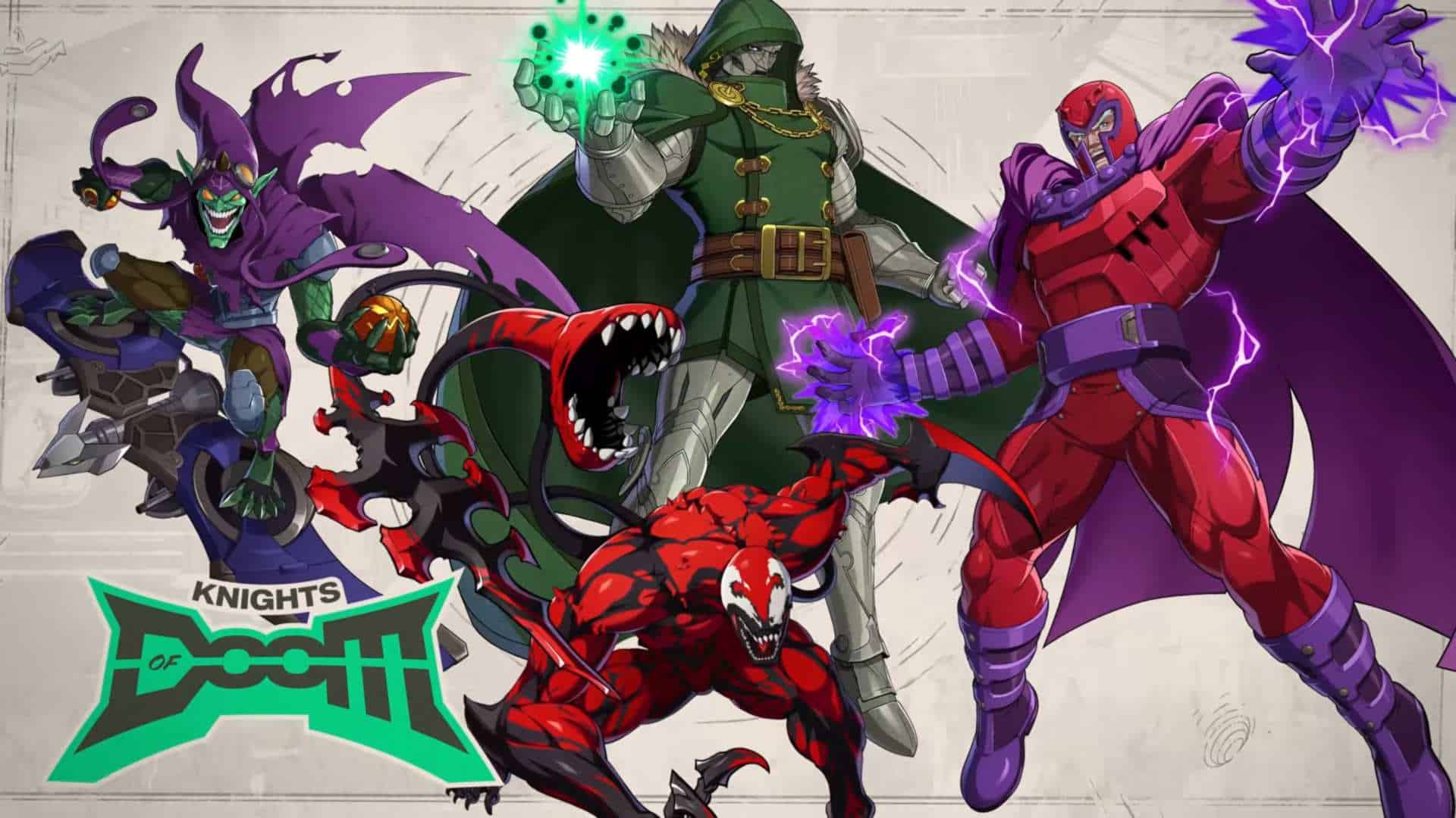 MARVEL Tōkon_ Fighting Souls _ Knights of Doom Trailer 1-40 screenshot | The Outerhaven Team of villains from Knights of Doom: a green-armored mage, a red demon, a purple-clad fighter, and a purple-energy villain.
