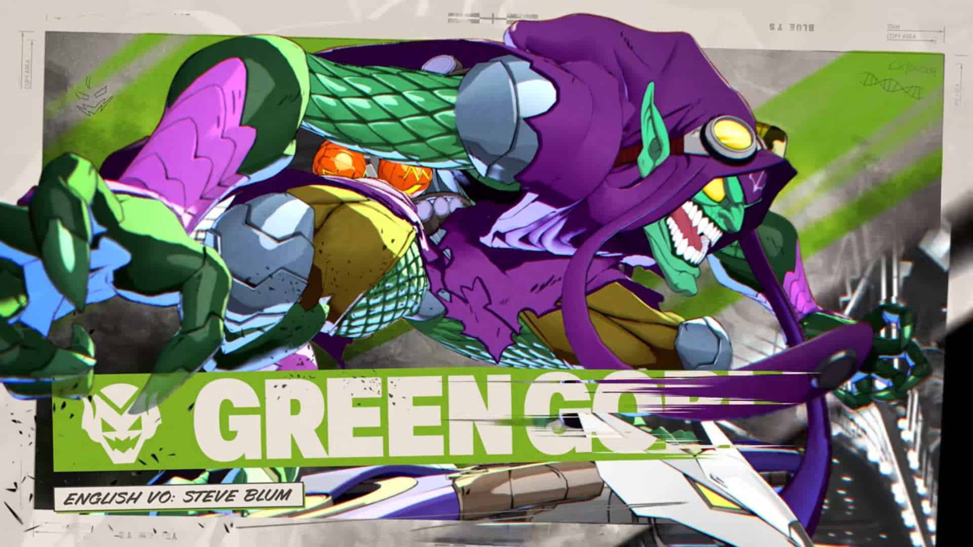 Dynamic comic-book poster featuring the Green Goblin in purple and green armor in an action pose, with a bold 'GREEN GOBLIN' banner across the bottom.