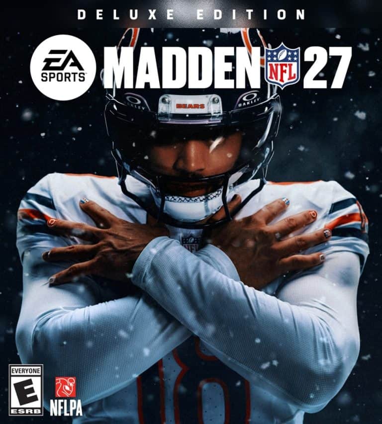 Madden 27 DE | The Outerhaven Madden NFL 27 Deluxe Edition cover: football player in a helmet with arms crossed, snow falling, featuring EA Sports and NFL logos.