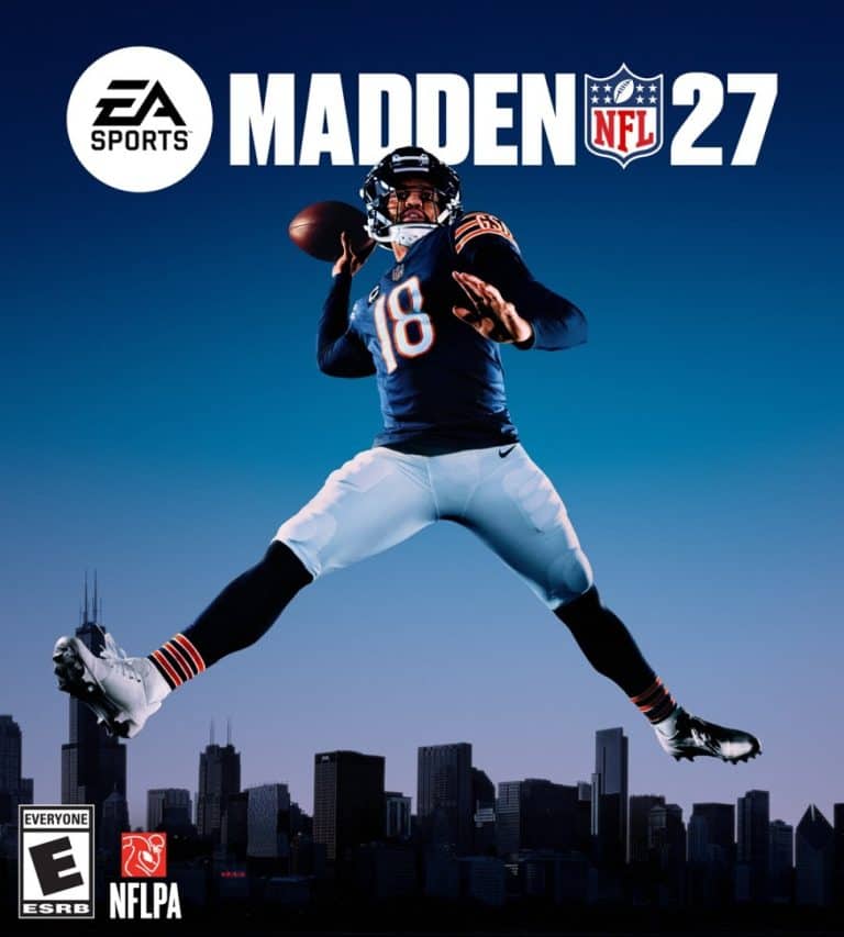 Madden 27 SE | The Outerhaven Video game cover for EA Sports Madden NFL 27 featuring a Chicago Bears-style quarterback leaping with football over a city skyline.