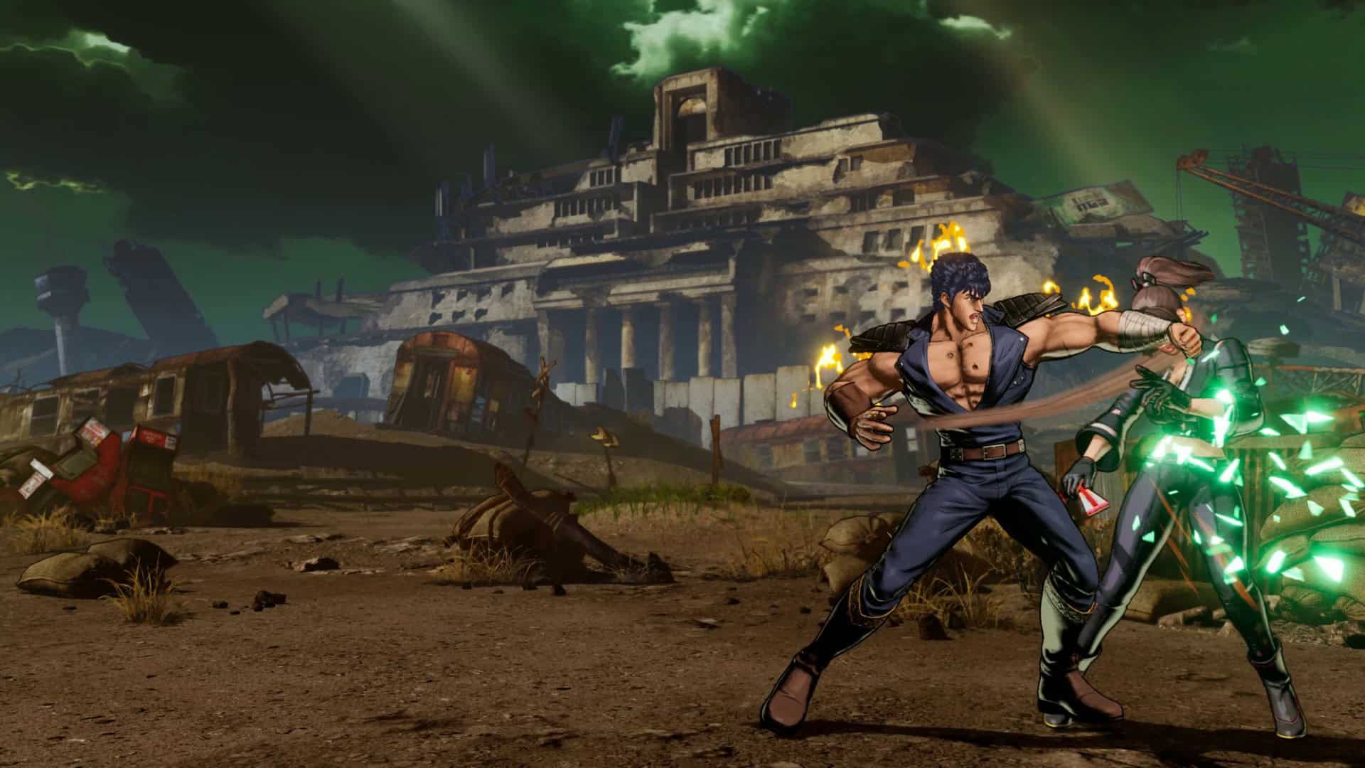 Mai_4 | The Outerhaven Two muscular fighters clash in a post‑apocalyptic wasteland, with a ruined fortress and wrecked trains in the background.