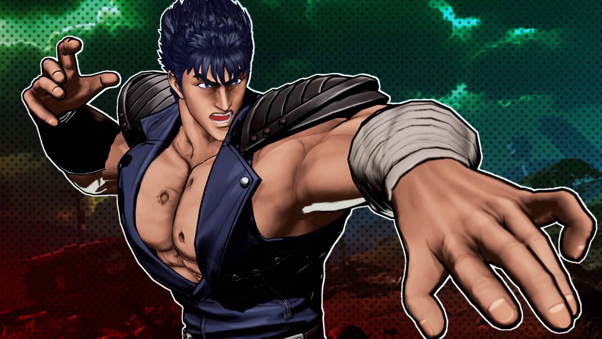 Mai_5 | The Outerhaven Anime-style male fighter lunging toward the viewer with a determined expression against a green dotted backdrop, reaching forward.