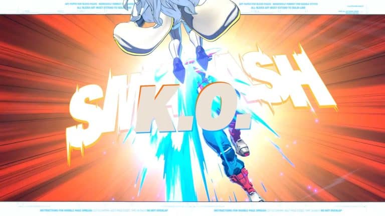 Marvel Tokon_ Fighting Souls - Official Captain America Character Guide 4-31 screenshot | The Outerhaven Dynamic anime panel: blue-armored fighter leaps forward amid orange and blue energy blasts and bold sound effects in the background.