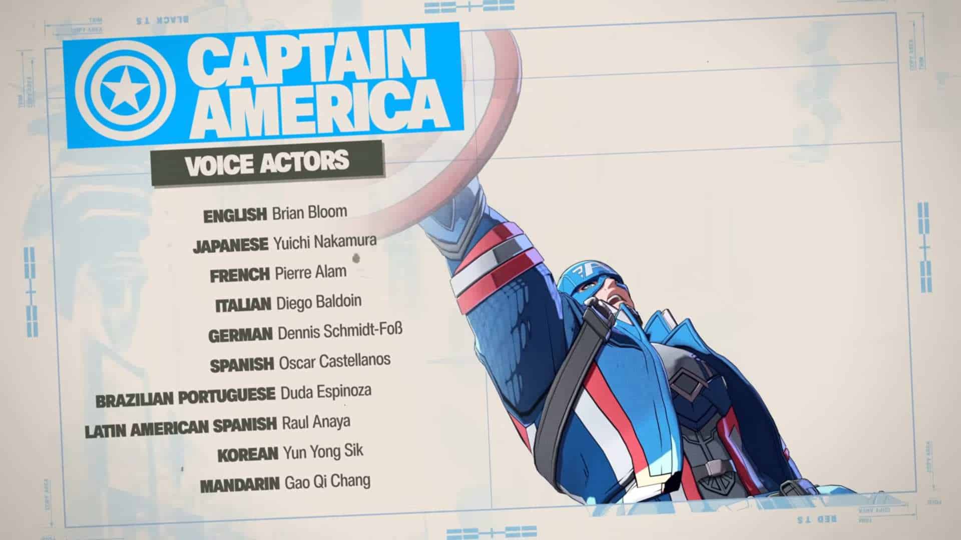 Marvel Tokon_ Fighting Souls - Official Captain America Character Guide 4-40 screenshot | The Outerhaven Captain America poster with a 'Voice Actors' list of languages and voice names (English: Brian Bloom; Japanese: Yuichi Nakamura; French: Pierre Alam; Italian: Diego Baldoin).