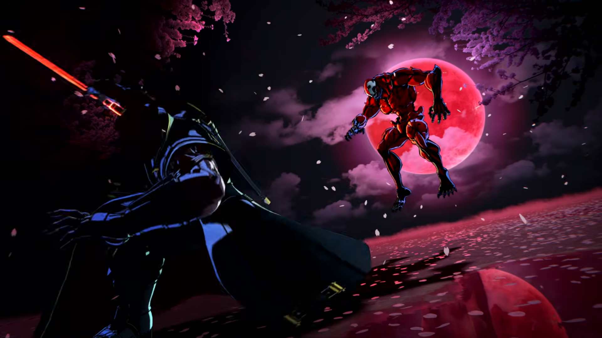 Marvel Tōkon_ Fighting Souls - Samurai Outriders Trailer _ PS5 PC Games 0-55 screenshot | The Outerhaven Dark armored character lunges with a glowing red blade at a red-armored foe leaping toward them, under a pink full moon and falling petals.