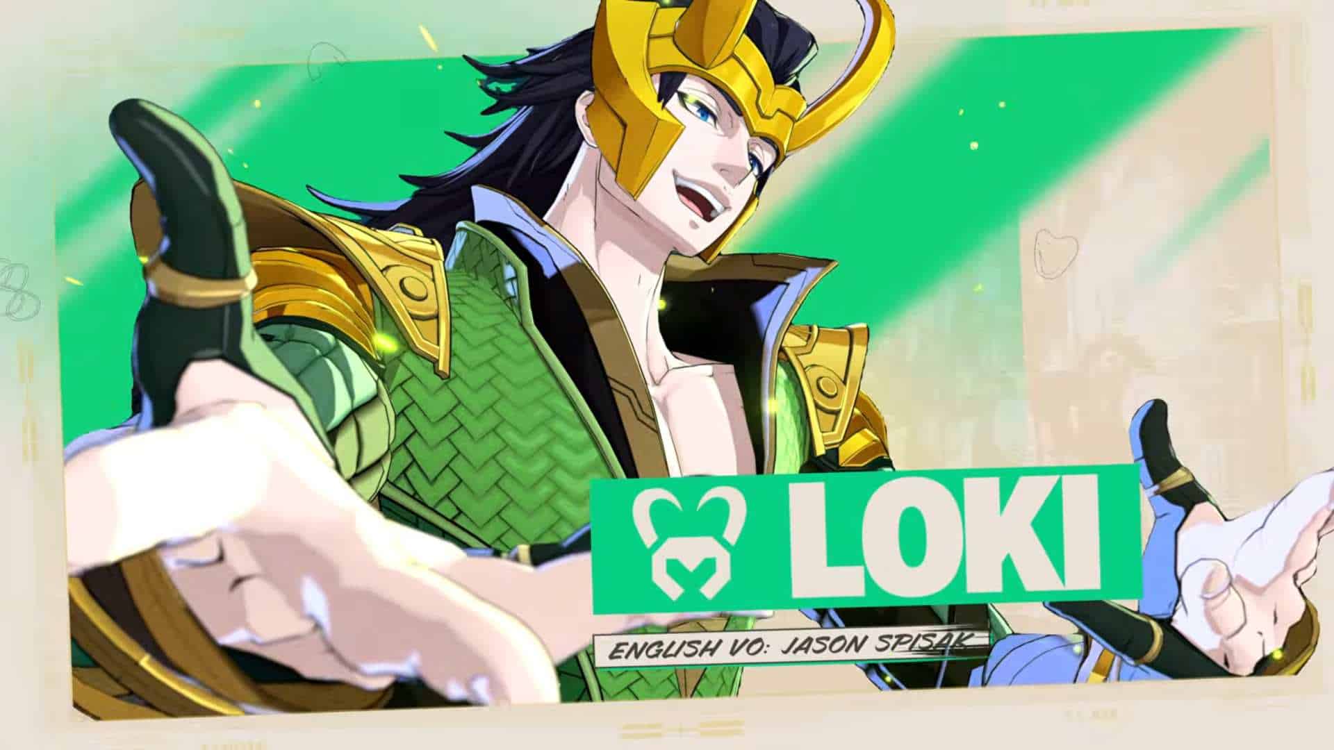 Marvel Tōkon_ Fighting Souls - Samurai Outriders Trailer _ PS5 PC Games 1-0 screenshot | The Outerhaven Animated Loki in green armor and golden helmet, reaching forward with a bright green banner reading 'LOKI' behind him.