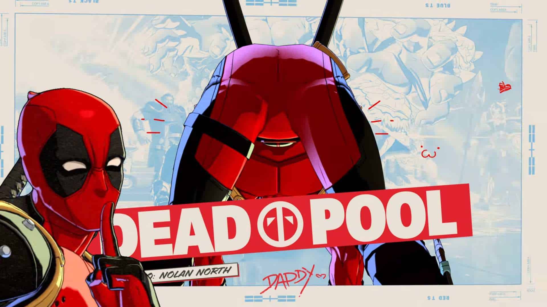 Marvel Tōkon_ Fighting Souls - Samurai Outriders Trailer _ PS5 PC Games 1-30 screenshot | The Outerhaven Close-up of Deadpool in his red suit, with a second Deadpool figure in the background; a bold DEADPOOL banner cuts across the foreground of a comic panel.