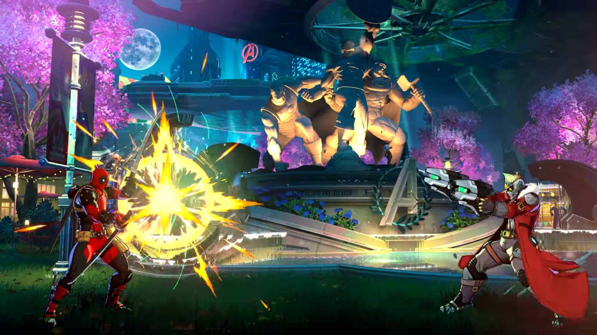 Marvel Tōkon_ Fighting Souls - Samurai Outriders Trailer _ PS5 PC Games 1-39 screenshot | The Outerhaven Action-packed futuristic battle: two red-armed fighters firing at a colossal statue in a neon-lit park with pink trees in the background.