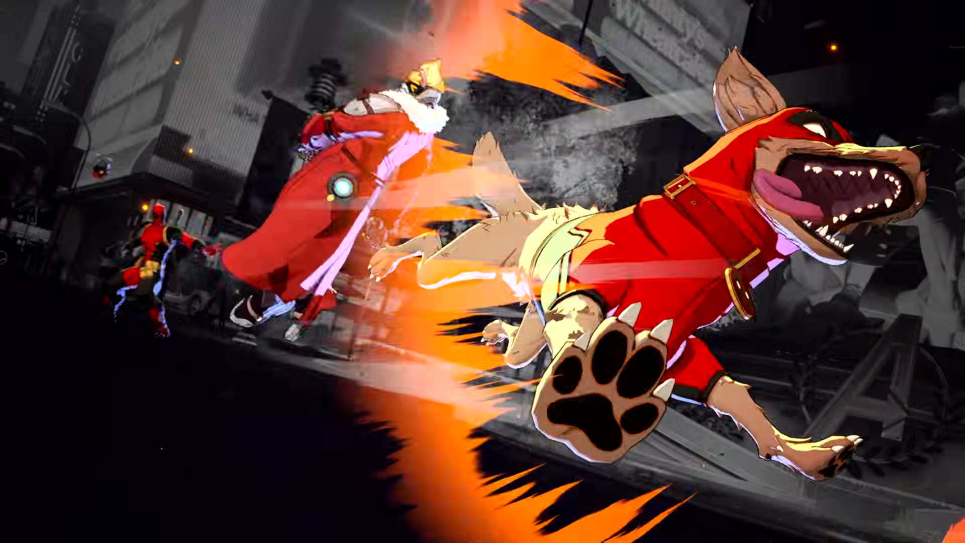Marvel Tōkon_ Fighting Souls - Samurai Outriders Trailer _ PS5 PC Games 1-47 screenshot | The Outerhaven Two stylized canine fighters in red outfits clash in a dark city street, orange energy streaks trailing behind them at night.