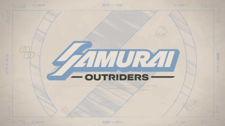 Marvel Tōkon_ Fighting Souls - Samurai Outriders Trailer _ PS5 PC Games 2-0 screenshot | The Outerhaven Logo design showing the word 'SAMURAI' in bold blue, with 'OUTRIDERS' in black underneath, set within a blueprint-style circular frame and diagonal background lines.