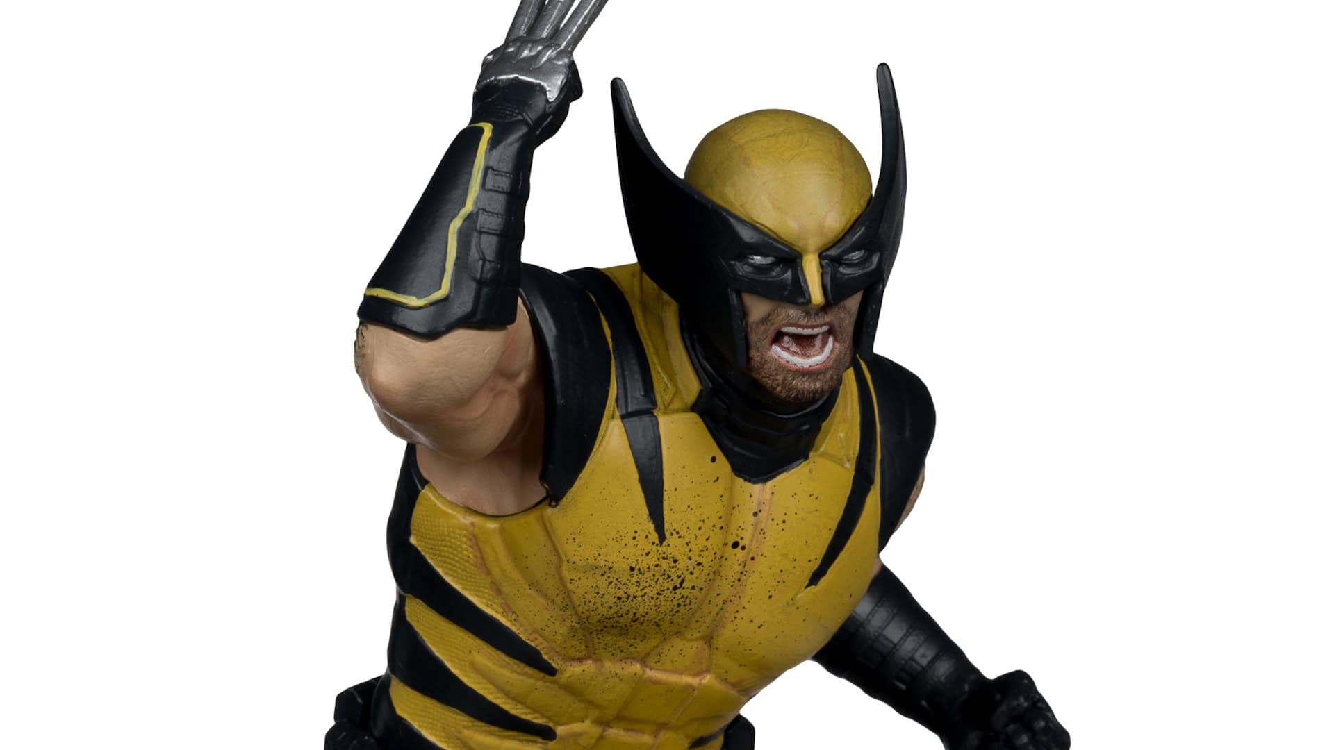 McFarlane Toys Wolverine toy featured image | The Outerhaven Wolverine action figure in yellow and black suit raising one arm in an aggressive pose against a white background