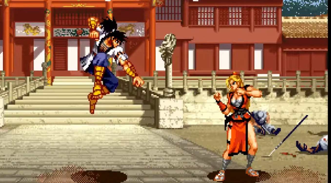 Ninja Masters NEO GEO FULL GAME Longplay Gameplay Walkthrough Playthrough VGL 5-27 screenshot | The Outerhaven Pixel-art fighting game scene featuring two martial artists duelling in a temple courtyard.