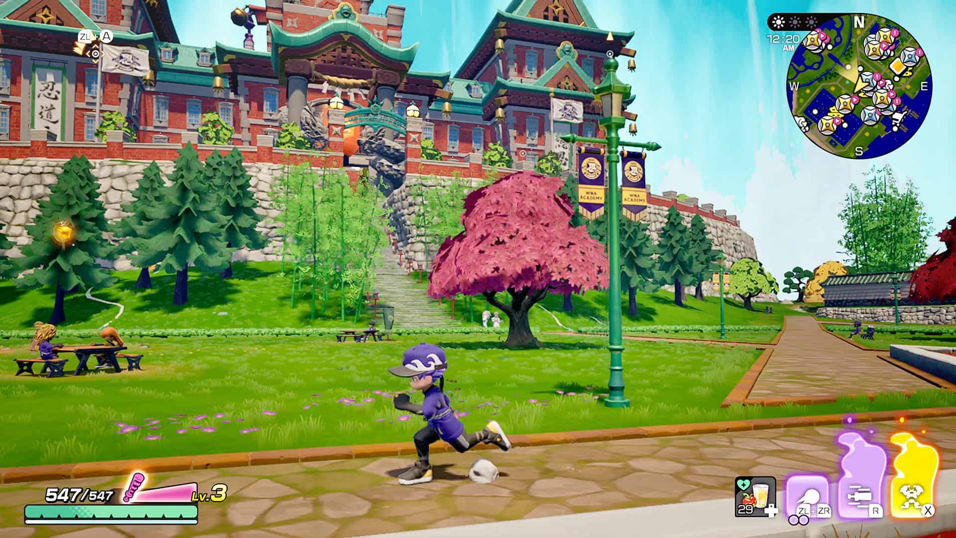 Ninjala 2 Screenshot_1 | The Outerhaven Player character in purple runs through a colorful park with a pink cherry tree and a grand castle in the background; mini-map in the top-right corner.